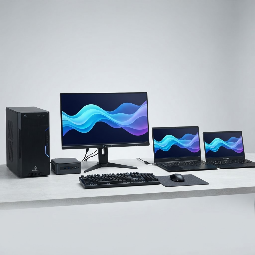 Brand-new desktop tower, monitor, and laptops ready to work